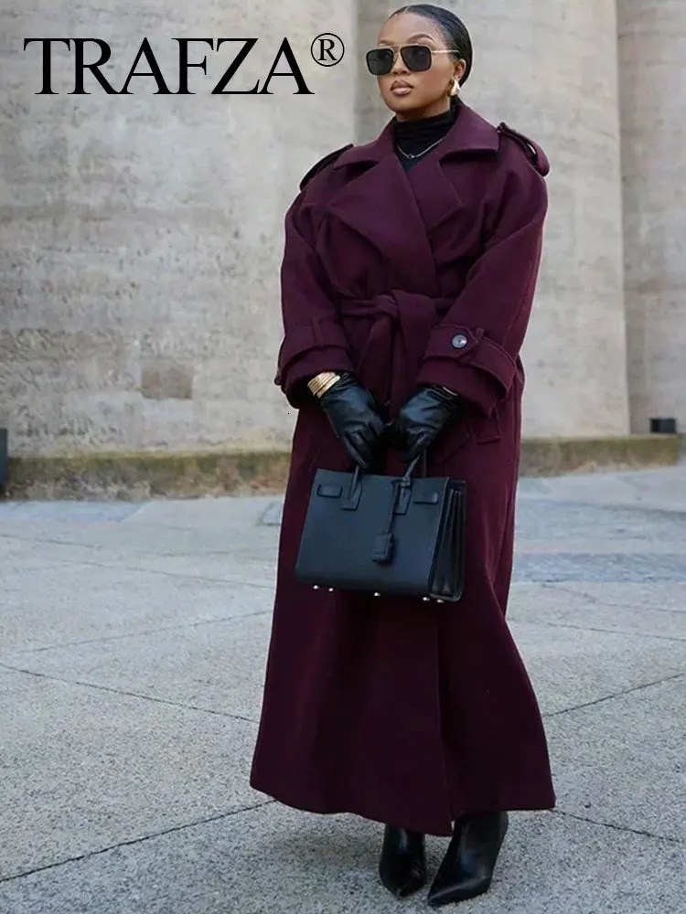 TRAFZA Women Elegant Burgundy Oversize Lapel Coat Belt Wool Blend Double Breasted Long Sleeve Jacket 2024 Autumn Commute Outwear 250110