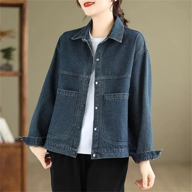 2024 Autumn Women Denim Jacket Retro Long Sleeve Jeans Female Loose Casual Coat Outwear Overwear 250113