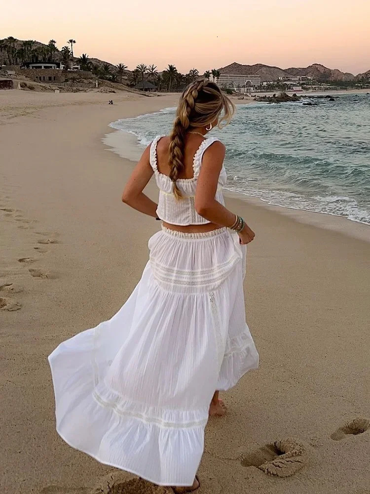 White lace dress set for women summer beach cotton matching set 2-piece long skirt set Vestidos womens 2025 250110
