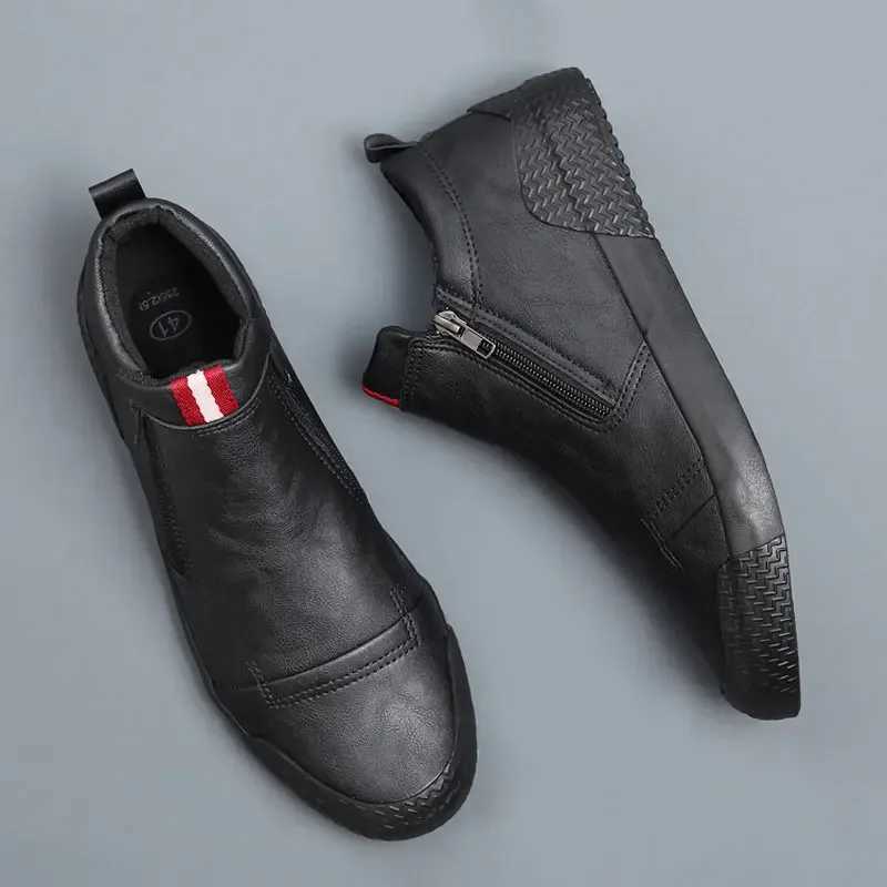 New Men Leather Casual Shoes Spring Autumn Fi Double Zipper Trend High Tops Flat Shoes Cool Loafers Man Winter BootsXJ250118