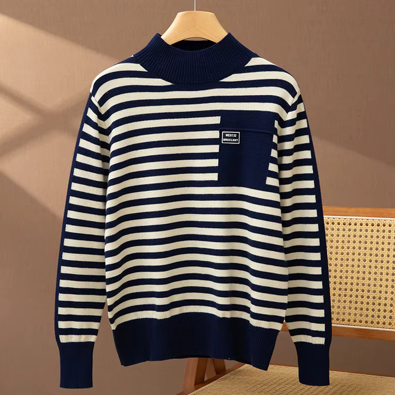 Autumn Winter Women Wool Fashion Soft Sweater Female Half-High Collar Strip Pullover Loose Casual Knitwear Bottomming Tops