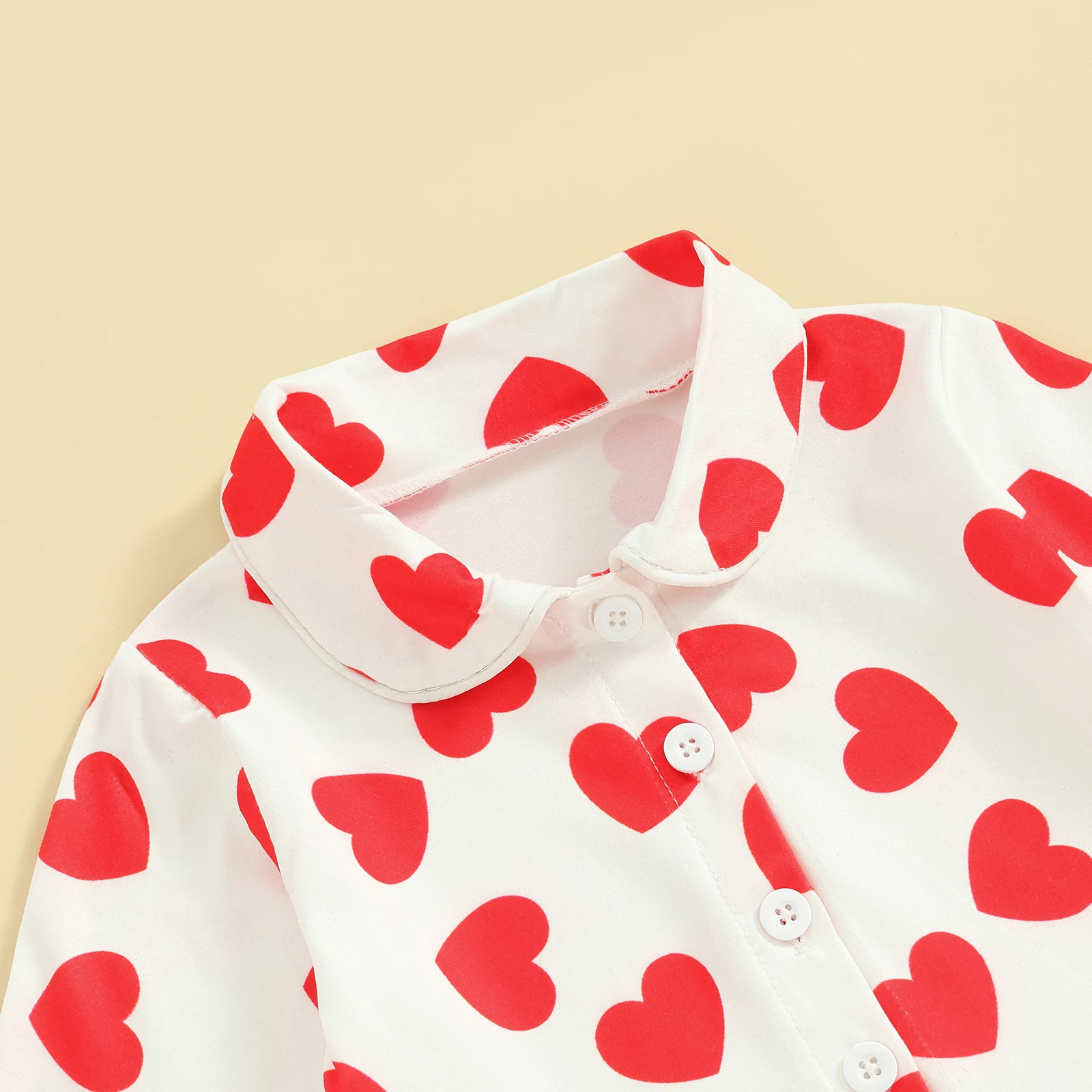 Pudcoco Kids Girls Valentine Pajamas Sets Heart Print Ruffled Button Long Sleeves Shirt and Elastic Flared Pants Loungewear 1-6T 250121