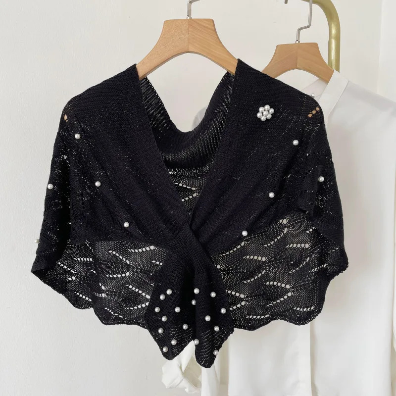 Woman Knitting Shawl Bride Elegant Hollow Out Pearl Decorated Shawls Solid Color Collar Scarf Ladies Casual Stole Poncho 250121