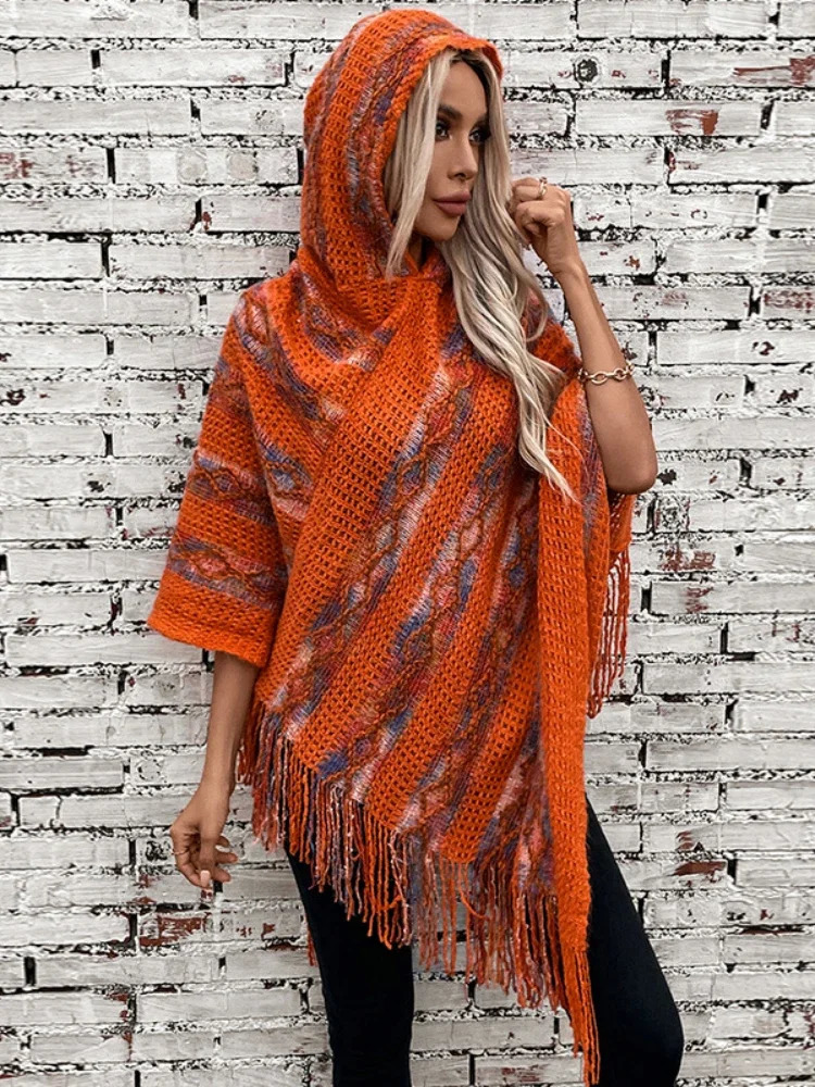 Women Knitted Hooded Cape Shawl Print Striped Tassel Spliced Ponchos Pullover Elegant Loose Cloak Ladies Autumn Winter 250121