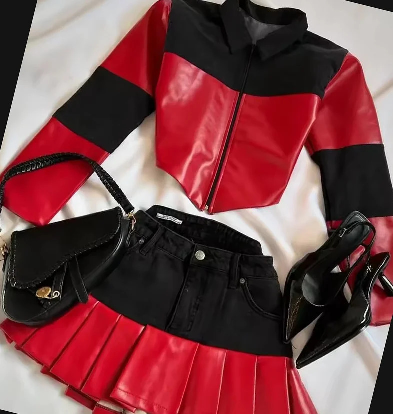 Womens Gothic Leather Patchwork Denim Skirt Jacket Two Piece Clothes Zip Mini Pleated Set 250122
