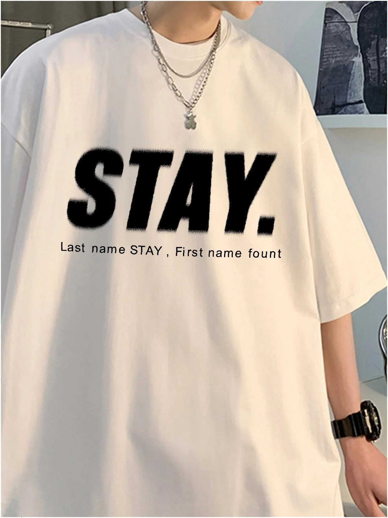 Korean Style Men Tops Kpop Streetwear STAY Print Cotton Male Tees Oversize Casual Unisex Tshirts Y2k Harajuku 250122