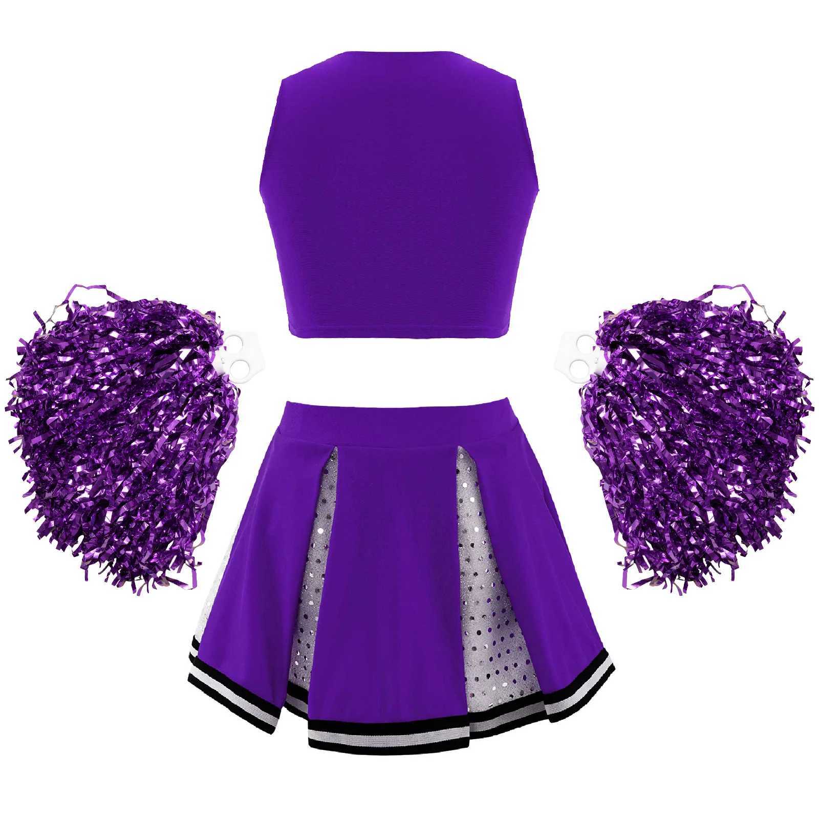 Kids Girls Cheerleading Uniform Dance Costume Striped Front V Neckline Top with Pleated Skirt and 2Pcs Flower Balls OutfitW250121