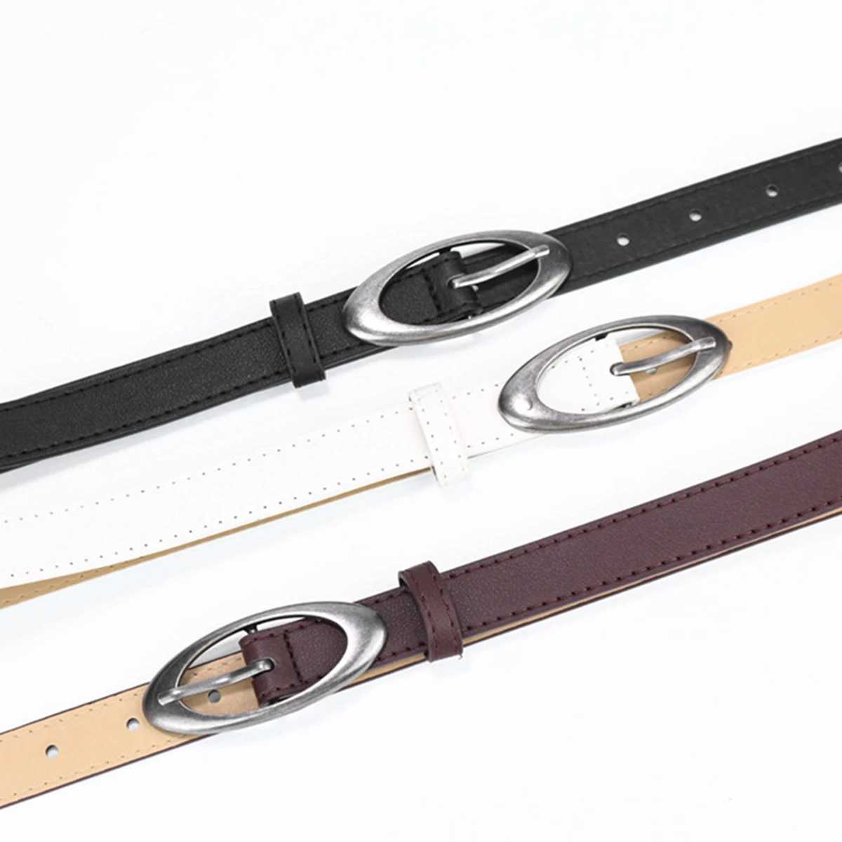 PU leather Y2K retro fashion thin strip oval buckle W250120
