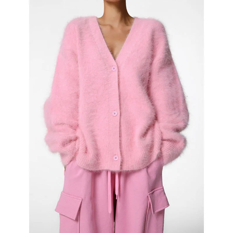Ladies Wool Knitted Sweater Cardigan Europe And America Autumn And Winter Lazy Loose Long-Sleeved V-Neck Sweater Coat 250118