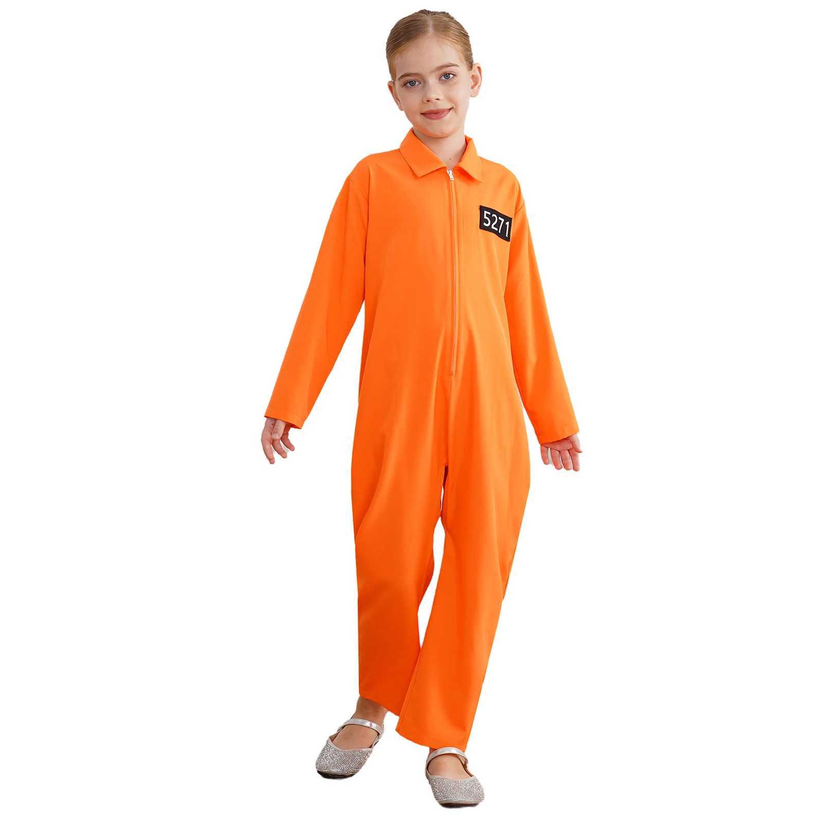 Girls Orange Prisoner Costume Long Sleeve Prisoner Jumpsuit Jailbird Inmate Prison Uniform Theme Party Halloween Cosplay Costume W250117