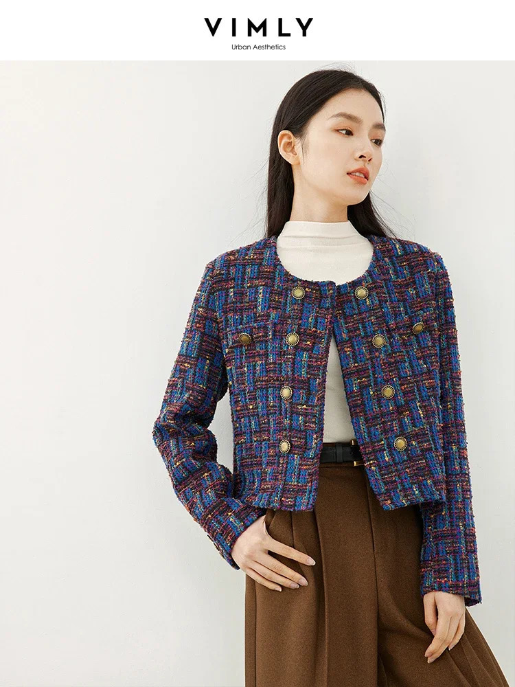 VIMLY Cropped Tweed Jacket for Women Spring Elegant Contrast Plaid Double Breasted Short Woolen Coat Female Outerwear 16106 250122