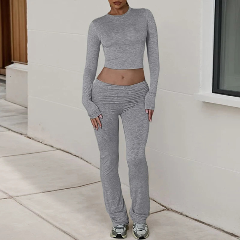 Rockmore Casual Minimalist Solid Womens Long Sleeve Crew Collar T-shirt Low Waist Pants Set Comfortable Breathable Two Piece Set 250118