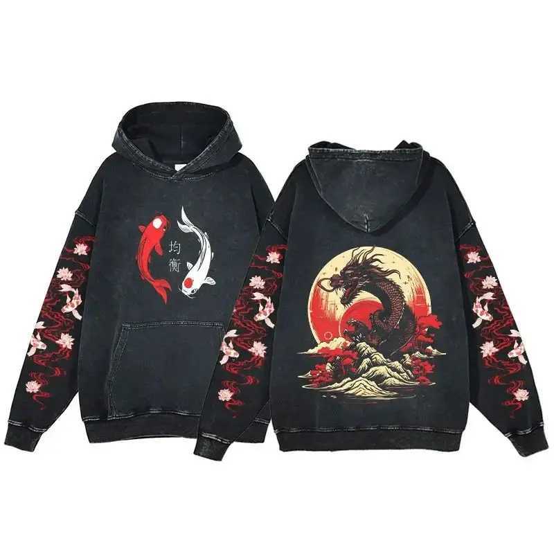 Y2K Harajuku Hoodie Men Ukiyoe Koi Fish Vintage Acid Wash Sweatshirt Hoodies Teen Hip Hop Long Sleeve Oversized Gothic Pullover W250117