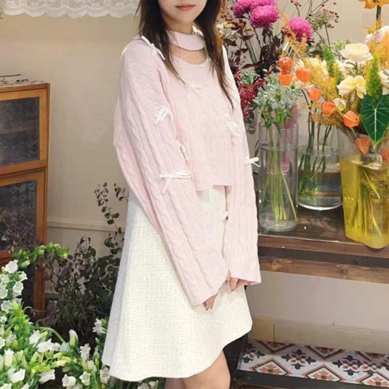 Long Sleeve Loose Women Knitted Tops Autumn 2024 Female Sweet Hollow Out Pullovers Bow All-Match Sweater