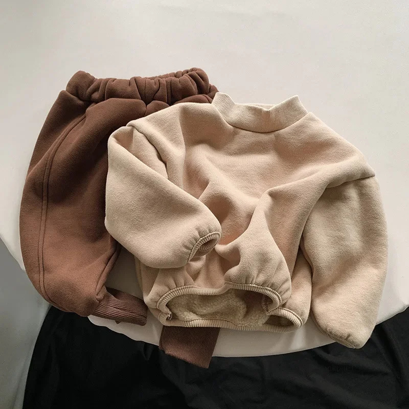 Winter Baby Fleece Sweatshirt Boys Girls Solid Warm Pullover Plus Velvet Thick Toddler Casual Versatile Tops Kids Clothes 250121