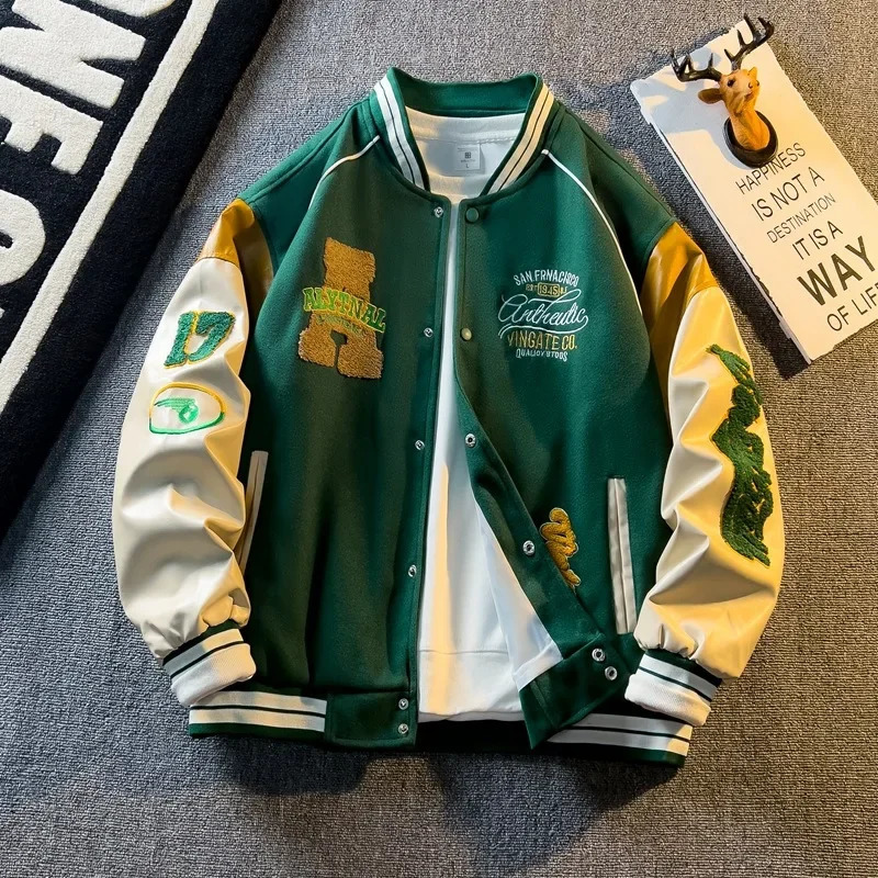 American Style Vintage Heavy y Baseball Jacket For Men Trendy Pu Leather Patchwork Spring Autumn Fashion Top 241227