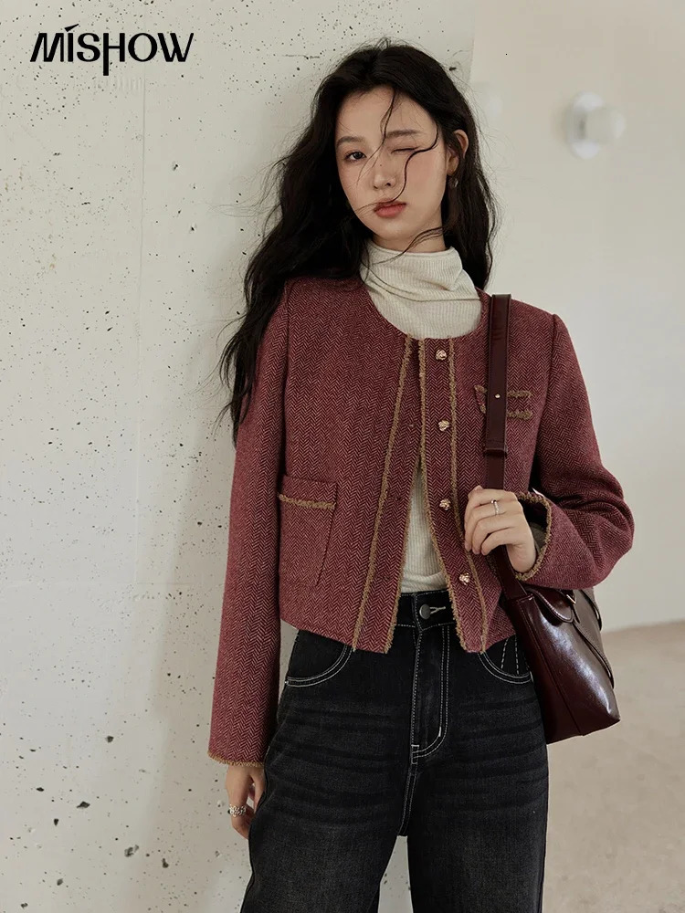 MISHOW Plaid Tweed Short Jacket Women French ONeck Long Sleeve Autumn Winter Temperament Contrast Color Top MXD34W0482 250122
