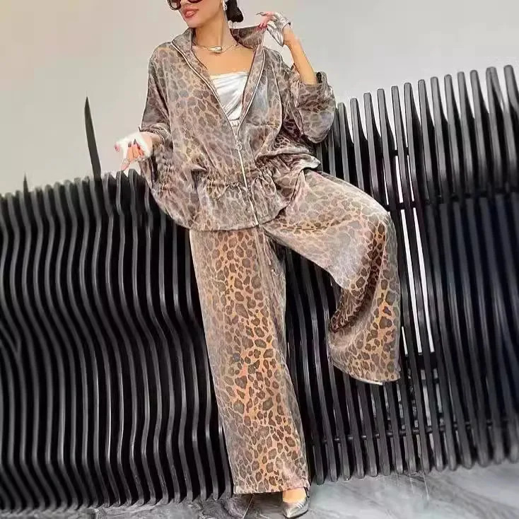 Spring Autumn Fashion Leopard Print 2 Piece Sets Women Fall Lapel Zipper Drawstring Coat Wide-leg Pants Outfit Long Sleeve Suit 250107