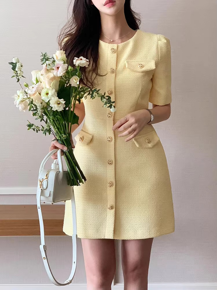 Temperament Small Fragrance O-Neck Vestidos 2024 Summer Korean Chic High Sense Tweed Puff Sleeve Dress Short Dresses Woman