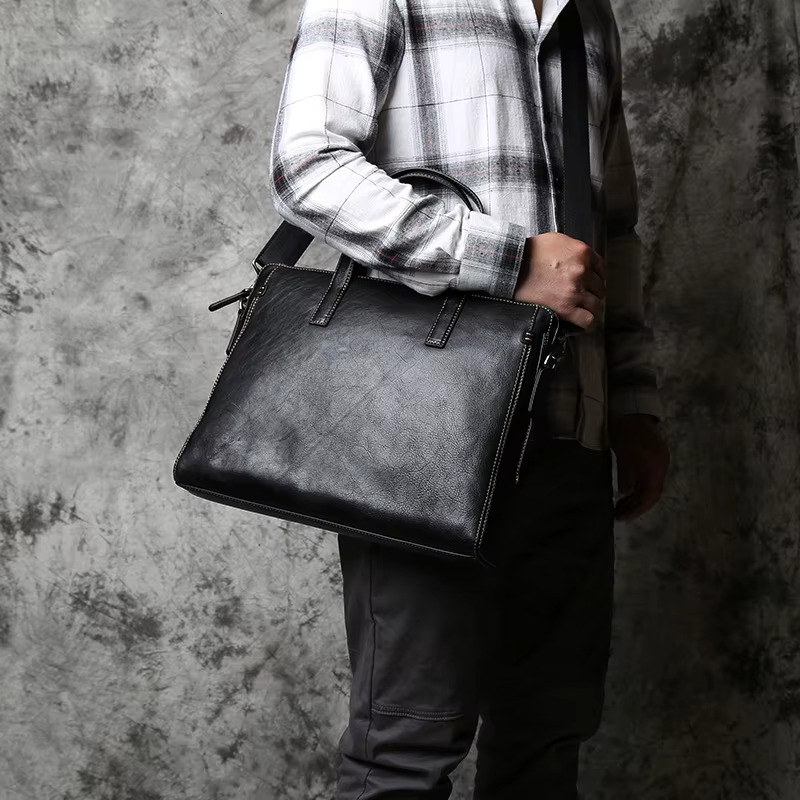 NZPJ Men Leather Handbag First Layer Cowhide Business Computer Large-Capacity One-Shoulder Messenger Bag For 14 Inch Laptop