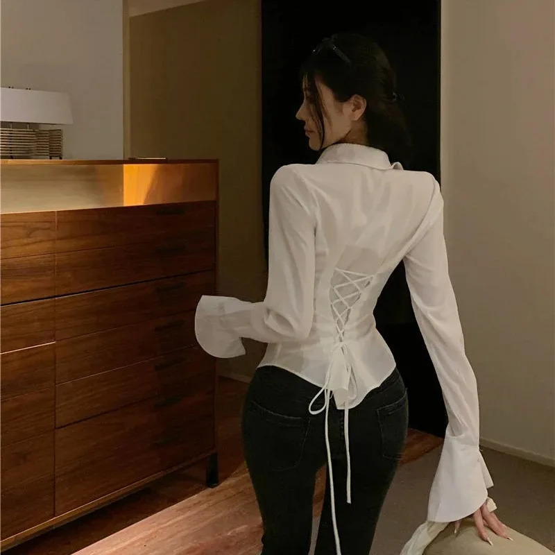 Fashion Women Bandage Shirts Korean All Match Streetwear Female Slim Blouse Spring Casual White Bell Sleeve Shirt 250121
