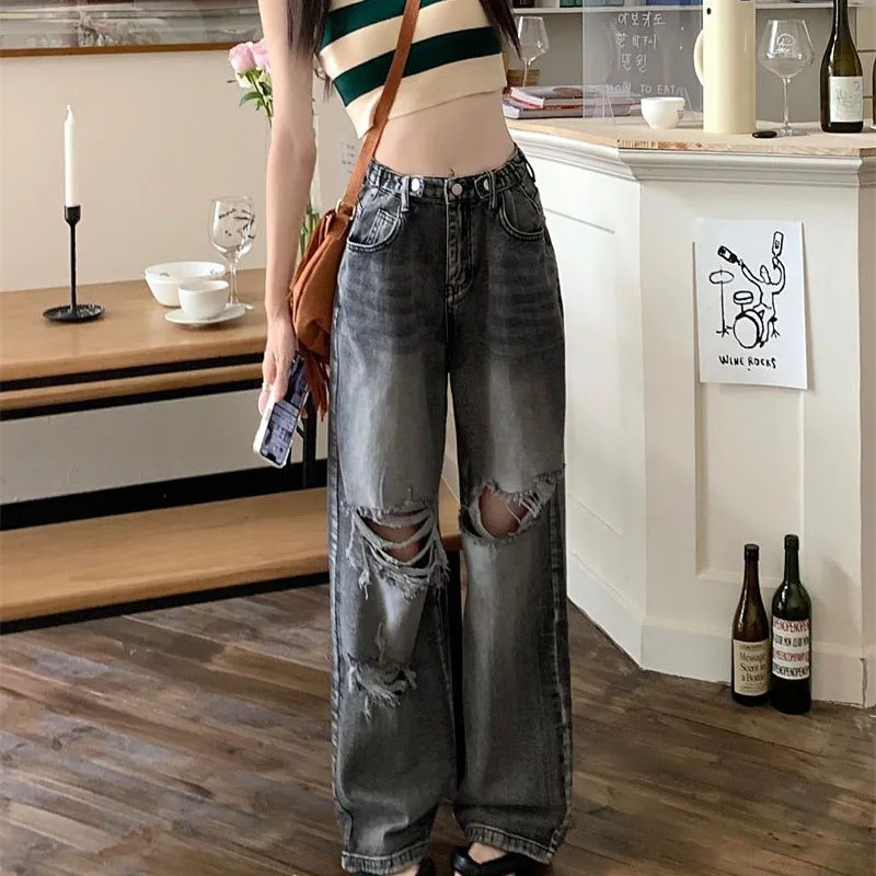 Y2K Ripped Denim Pants for Women Spring Button High Waisted Baggy Washed Hole Vintage Jeans Casual All-Match Straight Trousers 250117