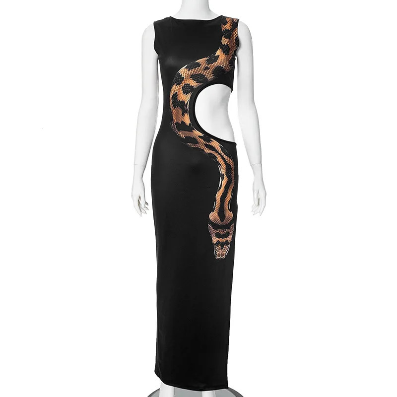 Black Cut Out Beach Dress Women Fashion Snake Print Slim Club Party Dresses Summer Sexy Split Sleeveless Long Dress 2024 250107