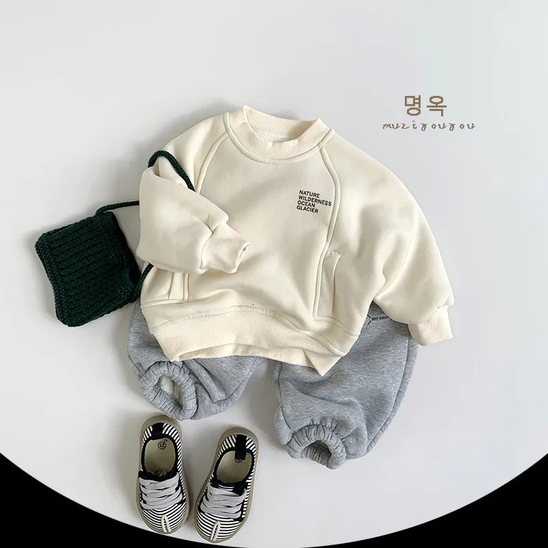 2025 Winter Children Plus Velvet Thick Sweatshirt Girls Letter Print Pullover Sweatshirt Boys Fleece Warm Tops Kids Clothes 250121
