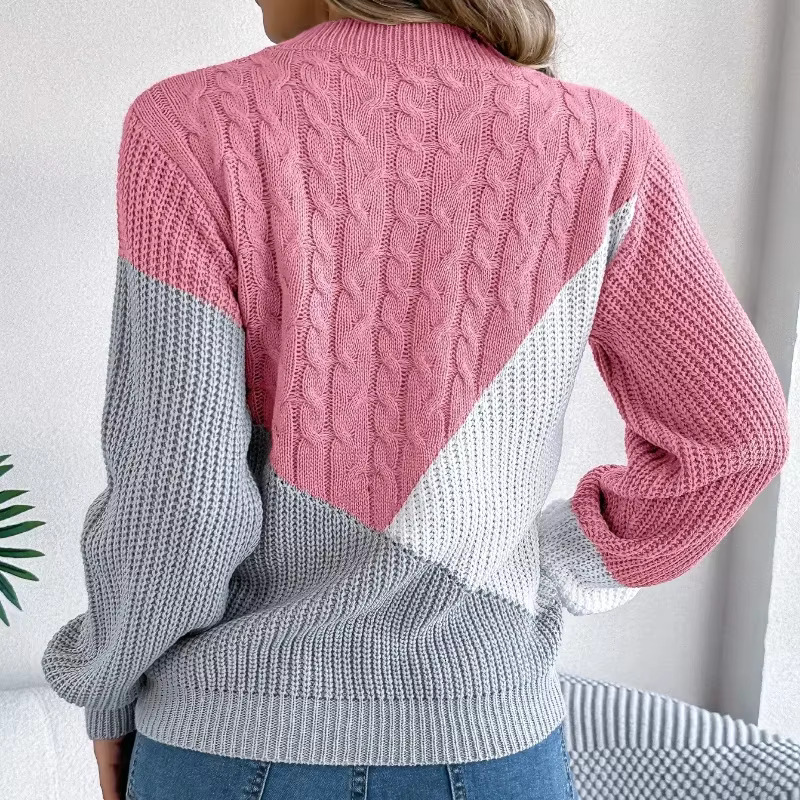 2025 Autumn Winter Pullovers Casual Color Contrasting Sweater Women Loose O-Neck Tops Fashionable Versatile Knitted Sweaters