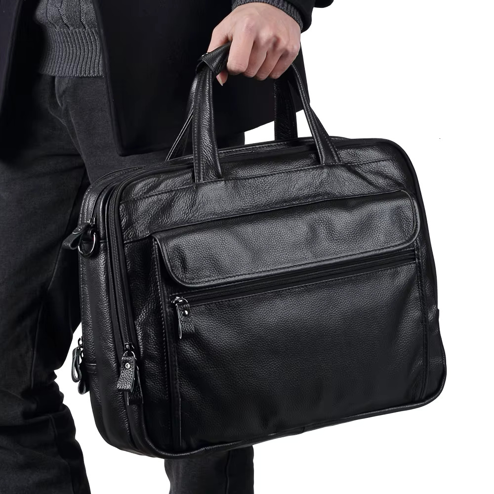 Fashion Genuine Leather Men A4 Office Handbag Business Casual Men's Travel Bag 15.6" Laptop Shoulder Bags Tote Briefcase