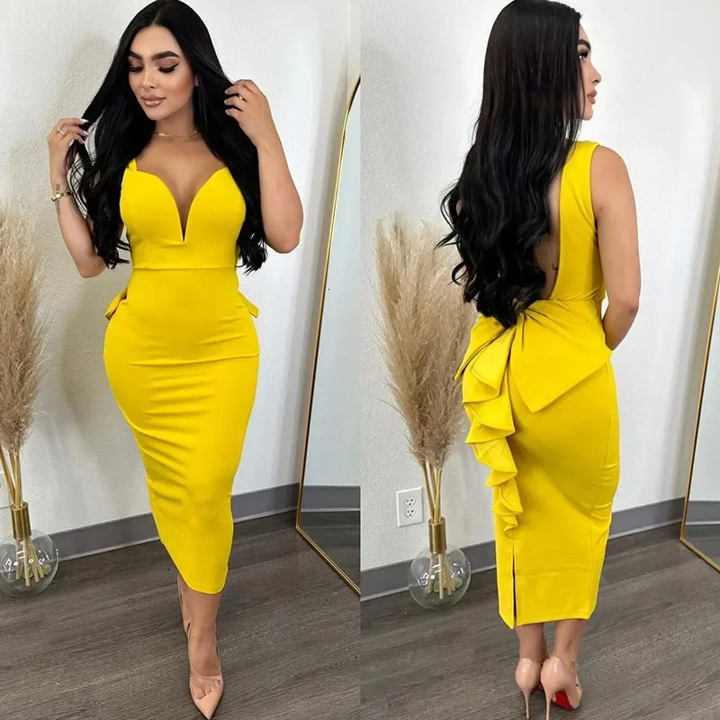 Sexy Plunging V-neck Backless Bowknot Ruffles Bodycon Midi Dresses for Women Party Night Elegant Club Celebrity Prom Dress Robes 250206