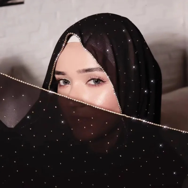 Chiffon Hijabs for Woman Rhinestone Fashion Muslim Shawl and Wrap Plain Stretchy Zipper Turban Muslim Ladies Ramadan Headscarf 250121