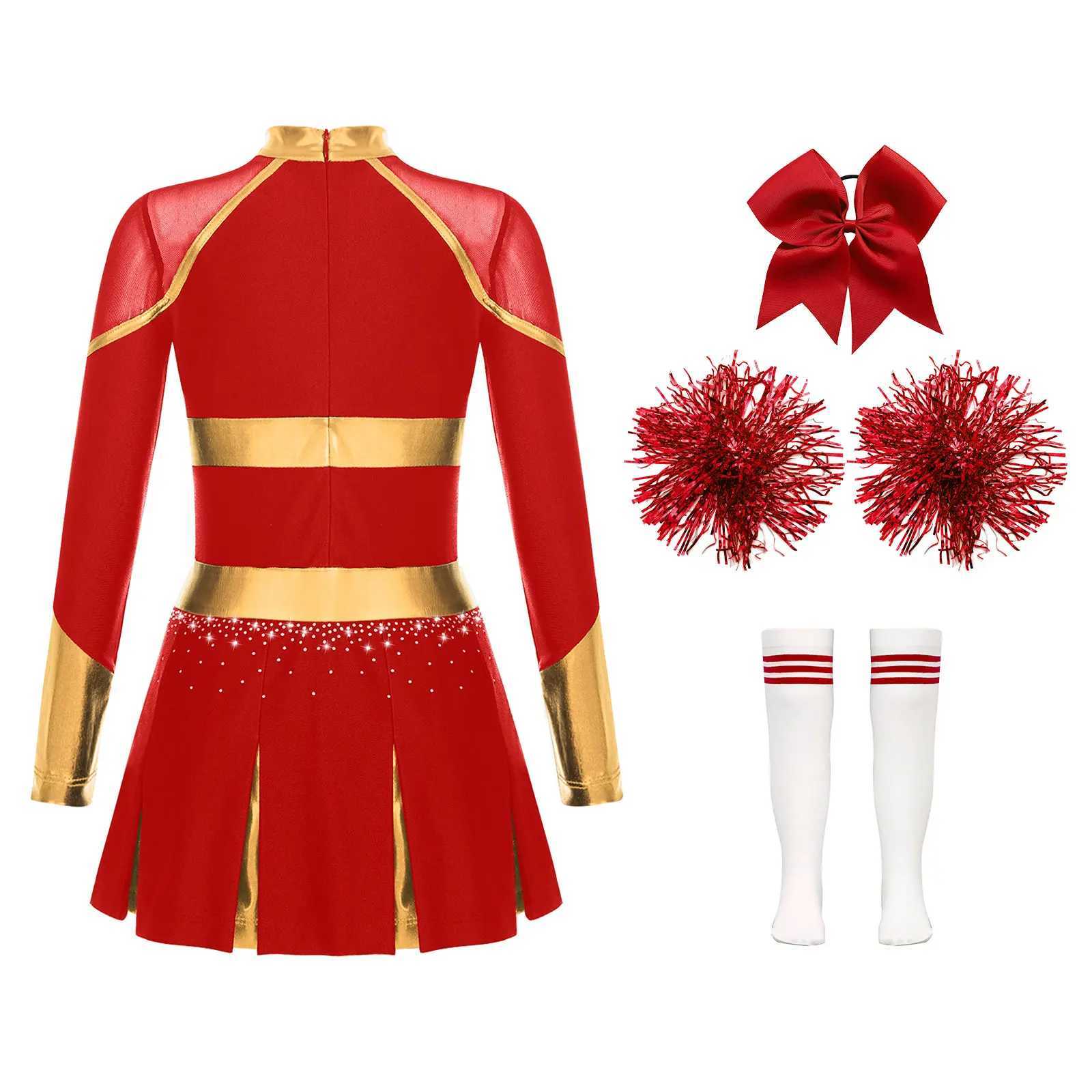 Kids Girls Cheerleading Costume Cheerleader Uniform Metallic Long Sleeve Dress Hand Flowers Socks Schoolgirls Team Dance OutfitsW250121