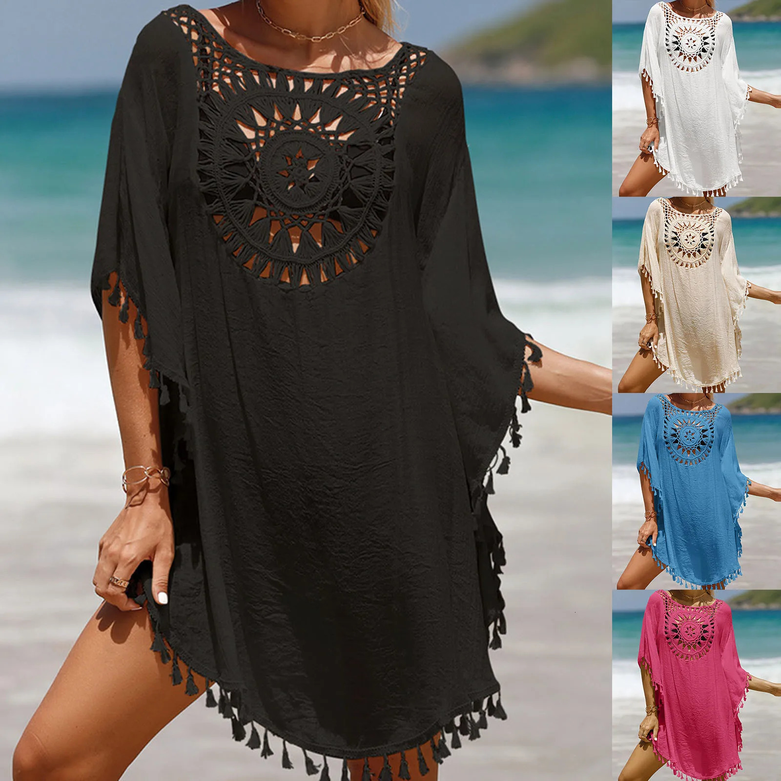 Crochet Bikini Tunic Women Lace Tassel Beach Dress CoverUps Casual Loose Boho Cardigan Kimono Summer Swimwear 250120
