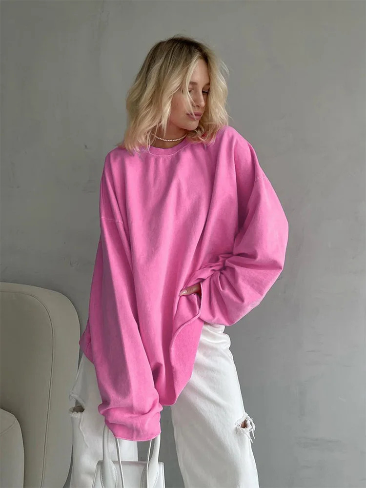 Pink Tee Shirts Streetwear Round Neck Long Sleeve Casual Pullover Tops Women Autumn Thin T-Shirts Lady 250113