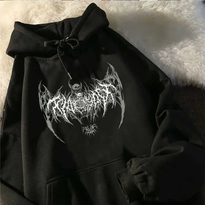 Long-sleeved Casual Punk Style Womens Hoodie Skull Top Gothic Deep Black 2024 Loose Ulzzang Fashion Sweatshirt W250117