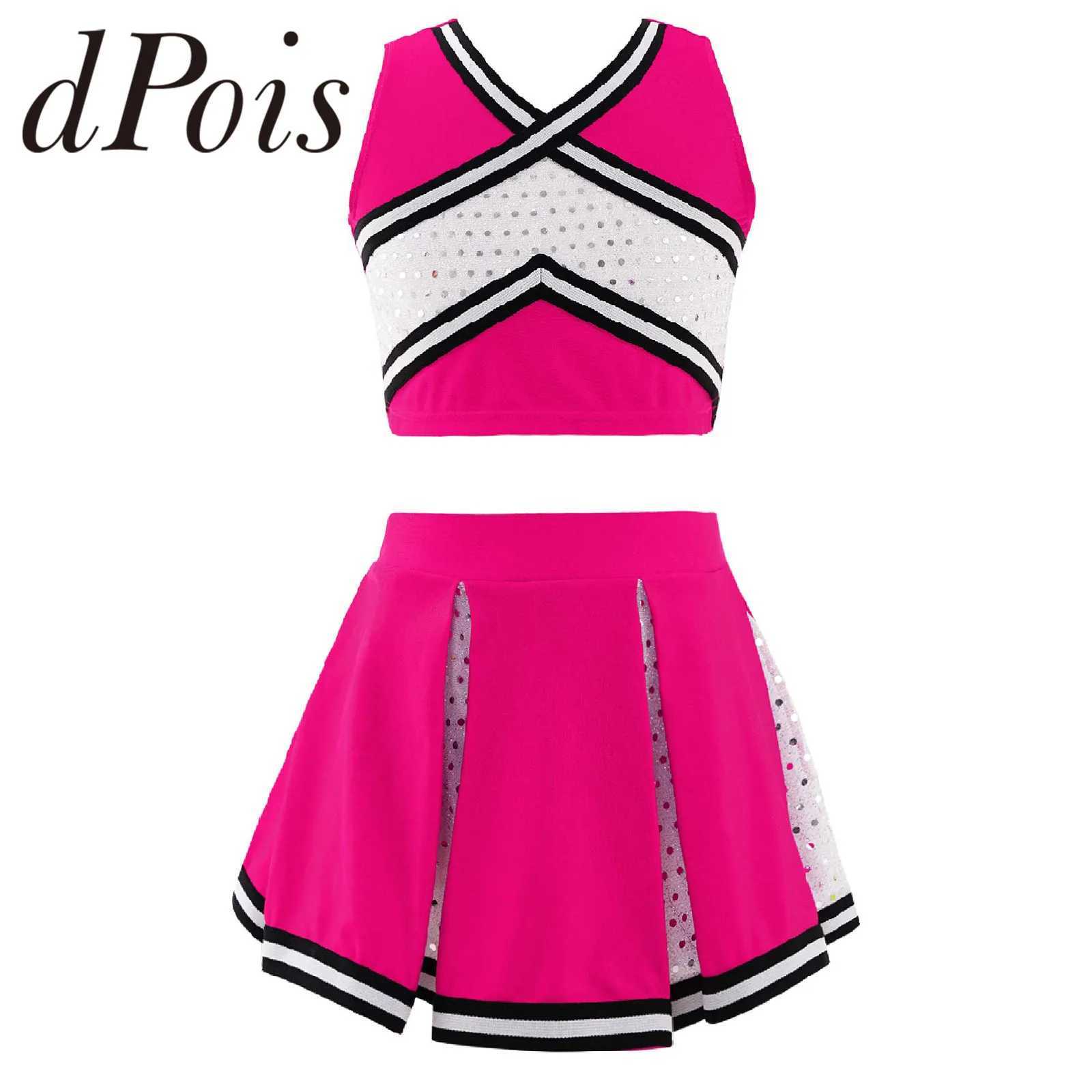 Cheerleader Uniform Kids Girls Cheerleading Costume Schoolgirls Dance Clothes Set Sleeveless Top + Skirt Children Sequins OutfitW250121