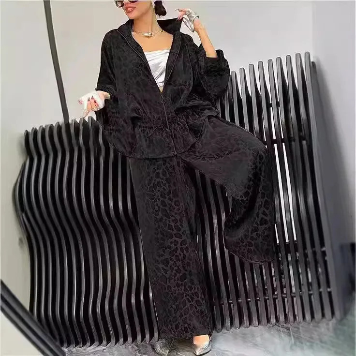 Spring Autumn Fashion Leopard Print 2 Piece Sets Women Fall Lapel Zipper Drawstring Coat Wide-leg Pants Outfit Long Sleeve Suit 250107