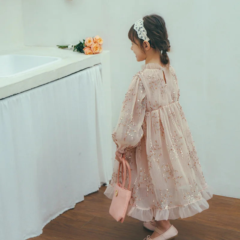 deer jonmi Spring Baby Girls Pink Princess Dresses Sequins Puff Sleeve Ball Gown Children Birthday Party Dress 250120