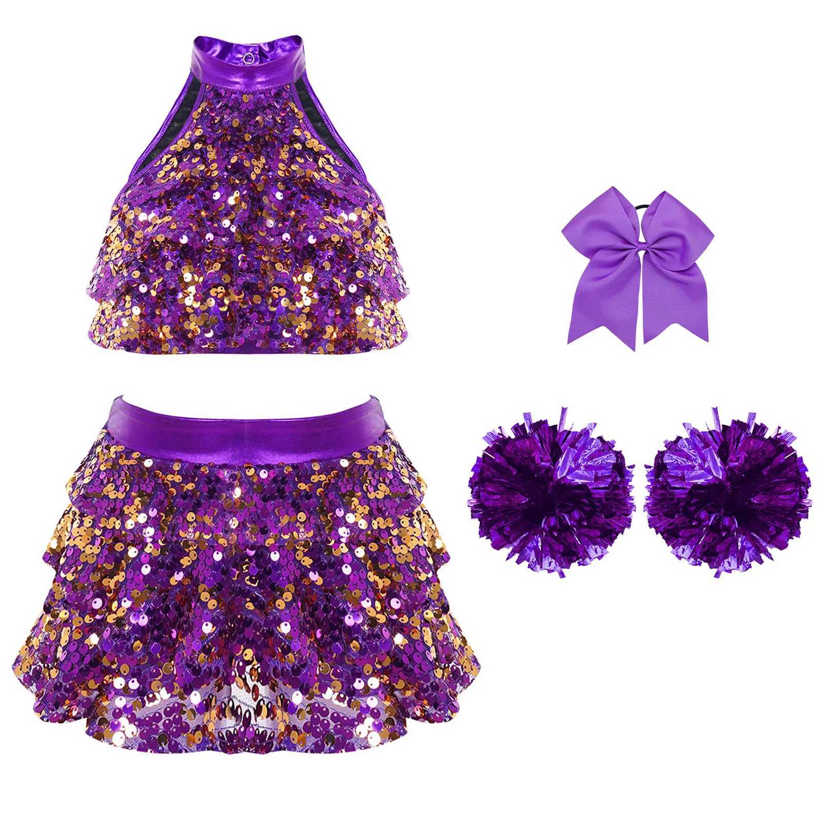 Kids Girls Jazz Dance Outfits Cheerleading Costume Childrens Dancewear Set Shiny Sequins Tiered Crop Top with Ruffled CulottesW250121