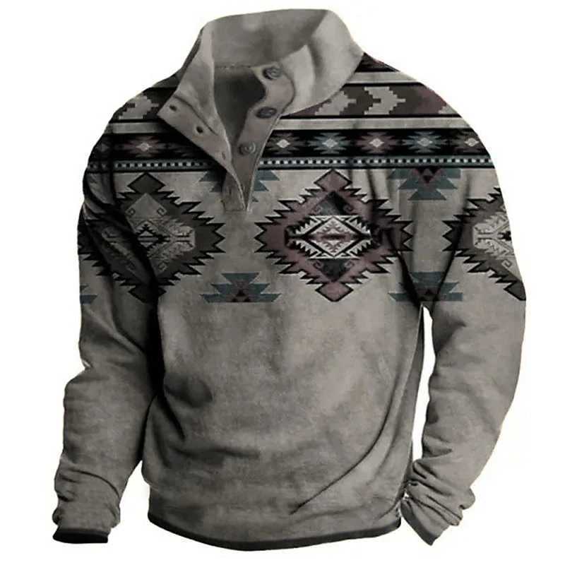 Mens Hoodie Autumn Long Sleeve Sweatshirt Vintage Aztec Cow Skull Print Oversized Y2K Clothing Button Fashion Hoodies for Men W250117