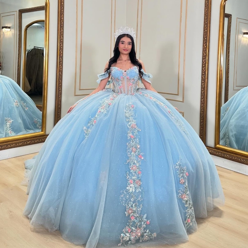 Sky Blue Shiny Quinceanera Dresses Ball Gown Off The Shoulder Applique Lace Beading Tull Party Birthday Sweet 16 Dres vestidos de 15 anos