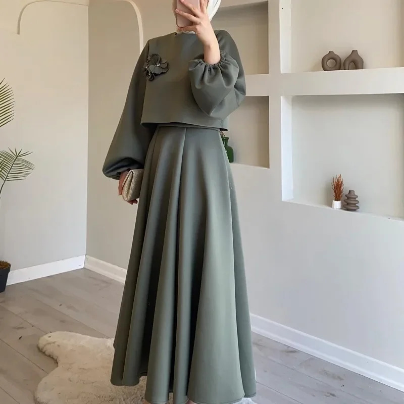 Autumn Womens Clothing Flower Three-Dimensional Decoration Lantern Sleeve Solid Color Skirt Suit Two-Piece Set 250122