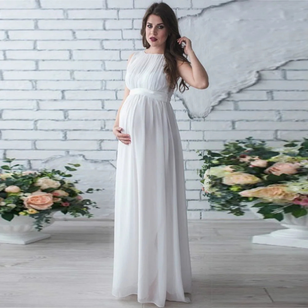 summer maternity dress solid color Sleeveless Fashion round neck belt waist po long maternity chiffon dress 250116