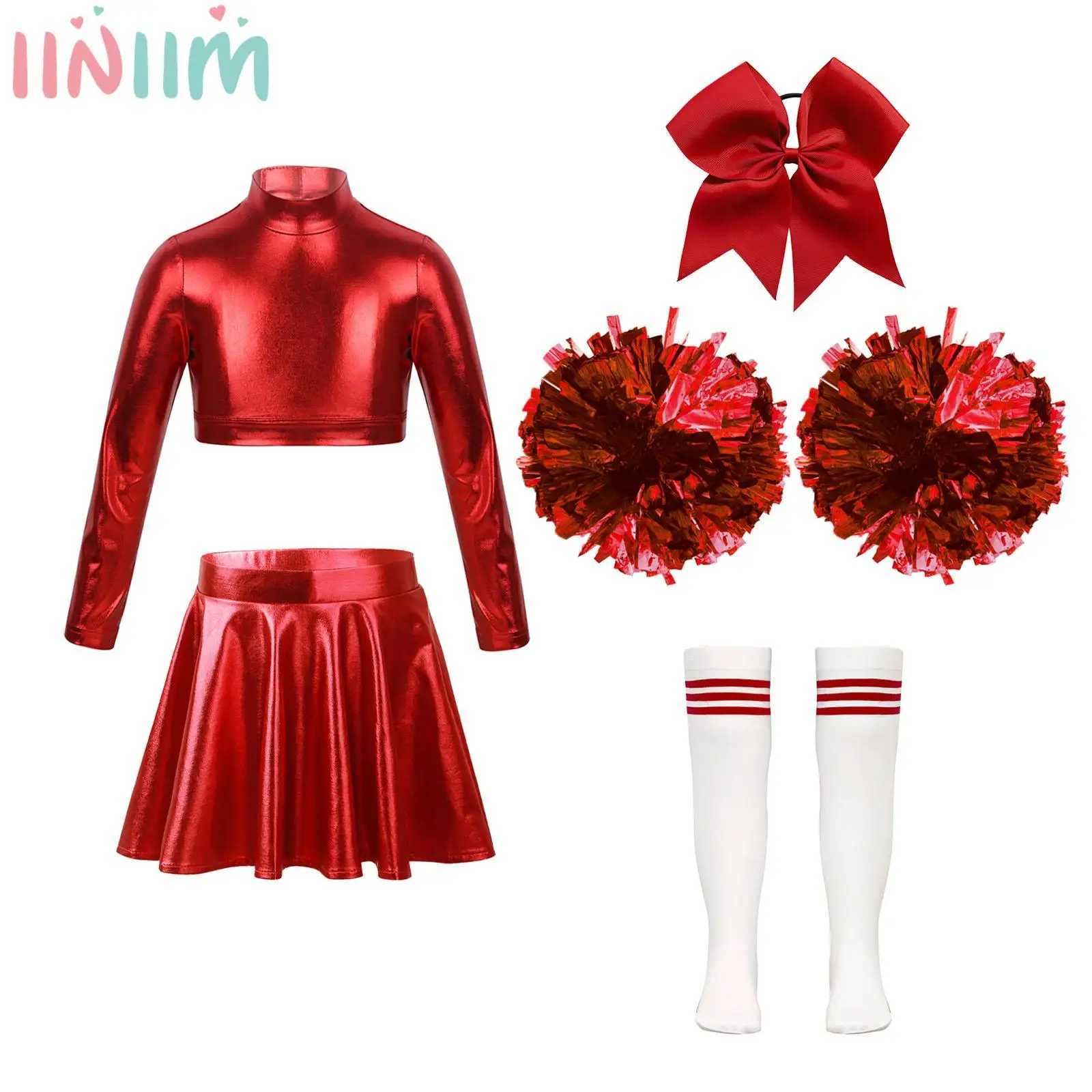 Girls Cheerleading Dance Outfit Long Sleeves Mock Neck Crop Top with A-Line Skirt Headwear Hand Flowers Socks Set for StageW250121