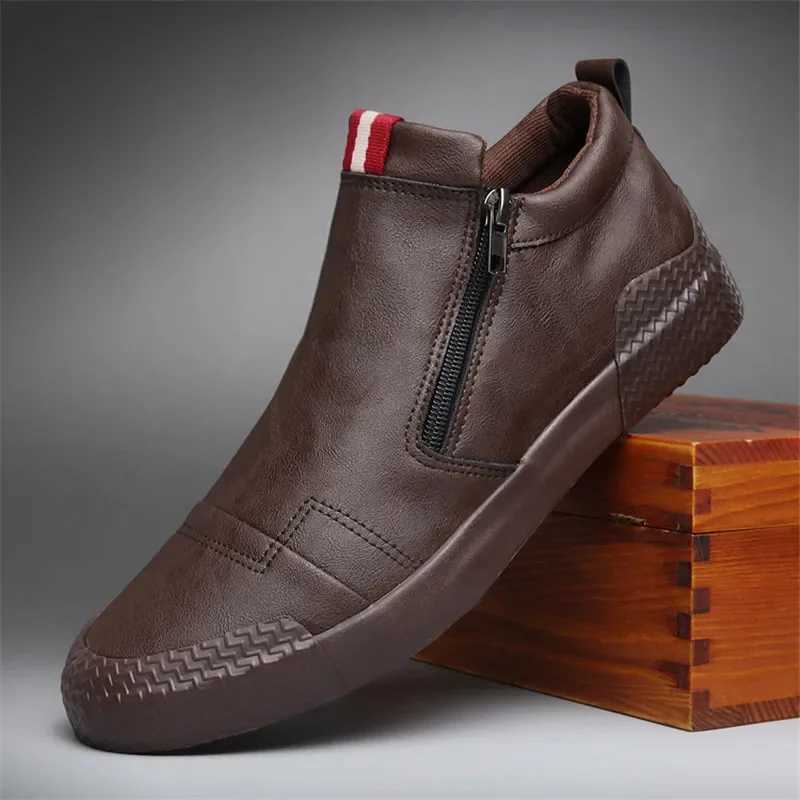New Men Leather Casual Shoes Spring Autumn Fi Double Zipper Trend High Tops Flat Shoes Cool Loafers Man Winter BootsXJ250118
