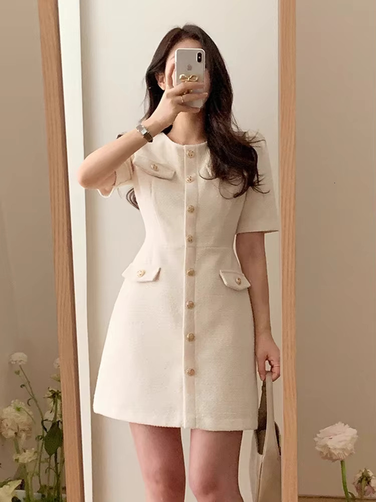 Temperament Small Fragrance O-Neck Vestidos 2024 Summer Korean Chic High Sense Tweed Puff Sleeve Dress Short Dresses Woman