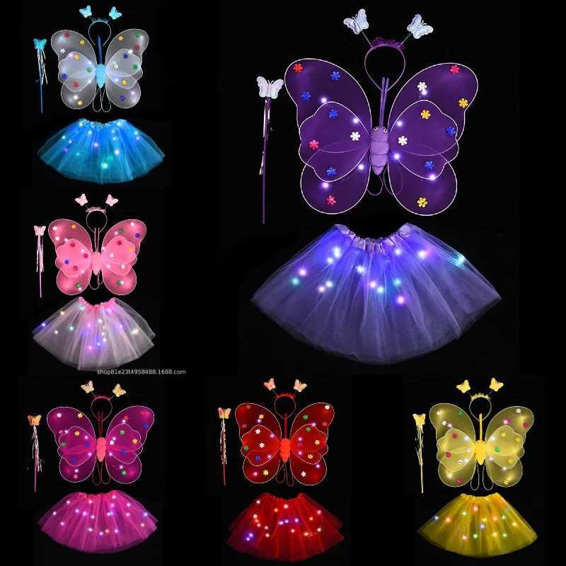 1set Glowing Kids Butterflies Fairy Wing Costume Set Stage Wear Girls Butterfly Wings Wand Headband Childrens Day Gift W250117