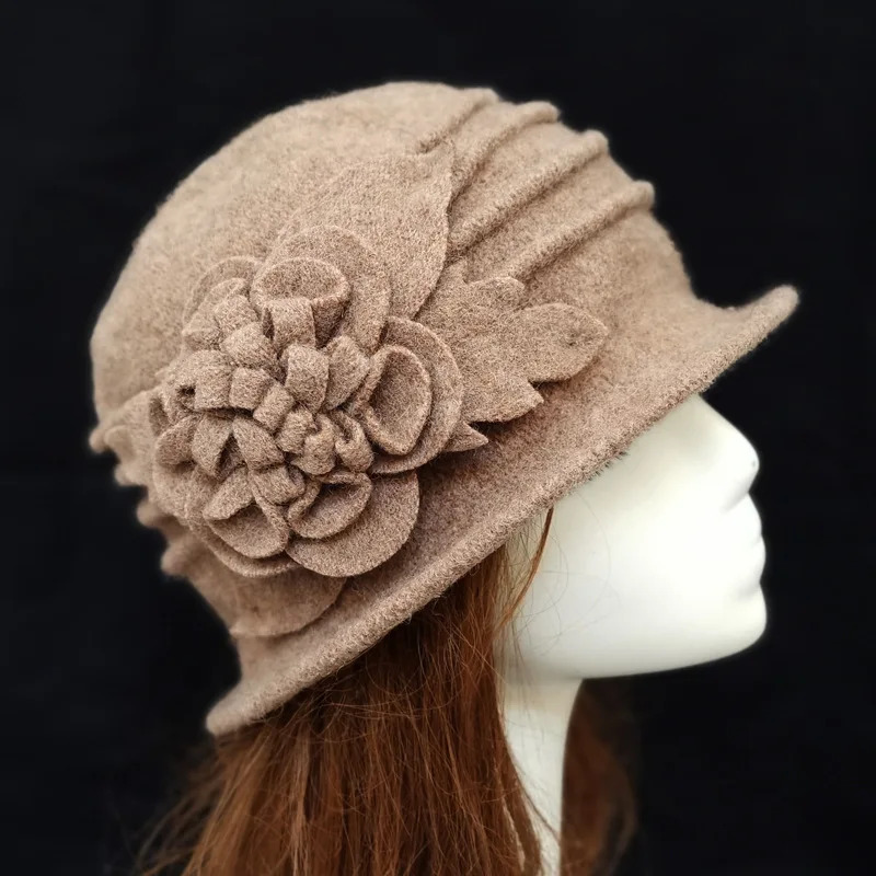 Women 100% Wool Hat For Autumn and Winter Moms Warm Soft Hats Dimensional Floral Fedoras 250118