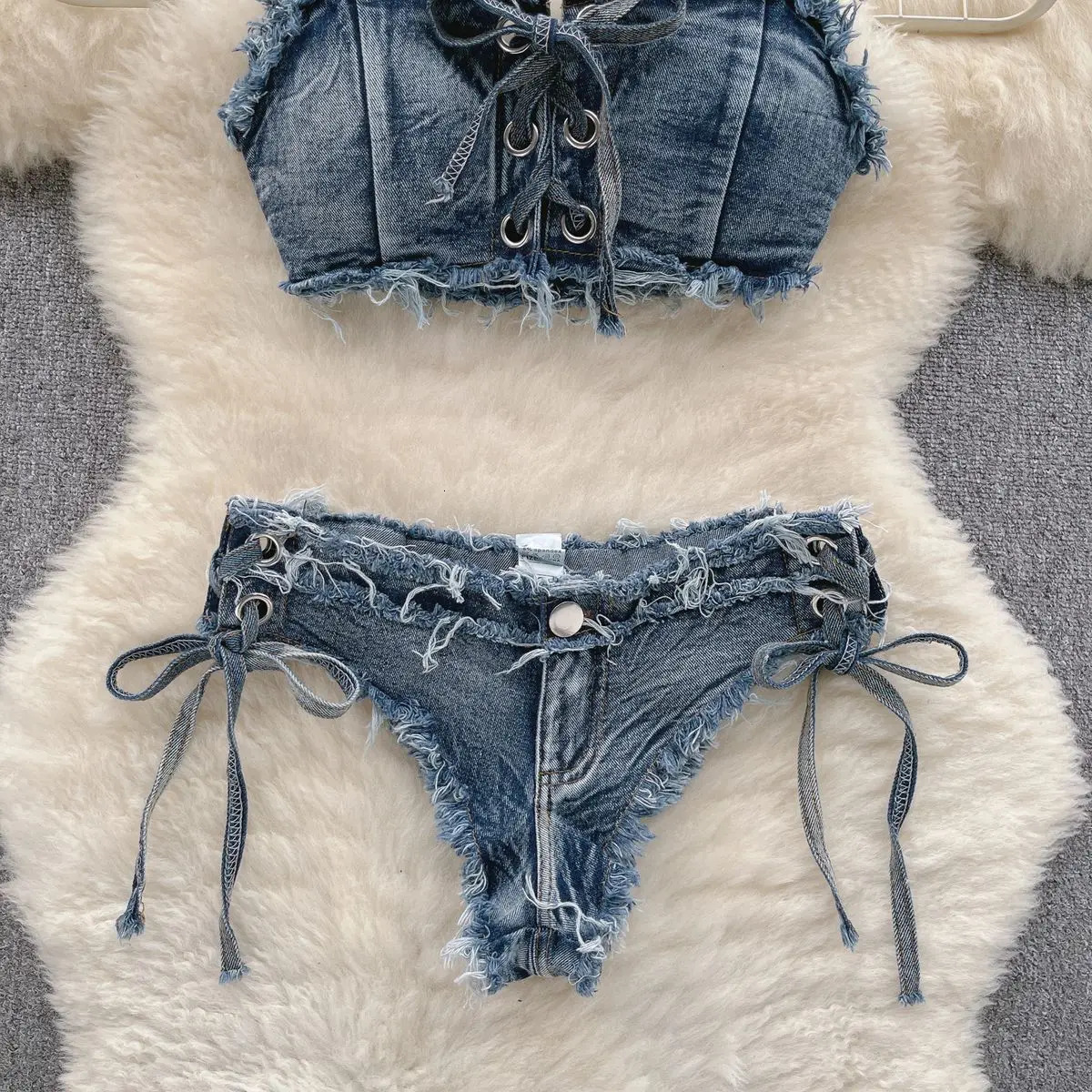 Womens Bikinis Set Summer Sexy Denim Strap Bra Vest and Low Waist Shorts Bathing Suit Swimsuit Swimwear 250107